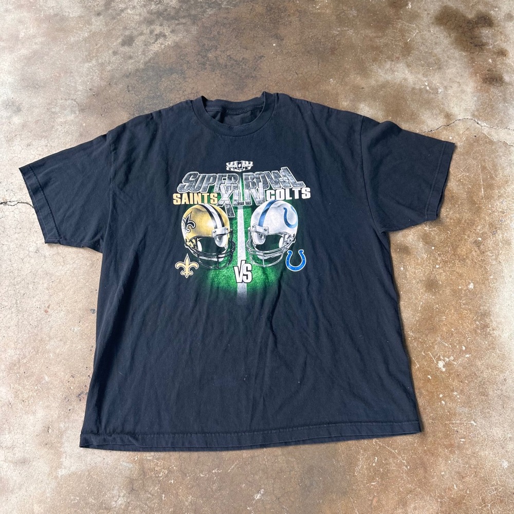 NFL Super Bowl XLIV T-Shirt Mens XL Black Excellent Saints vs Colts Graphic Tee